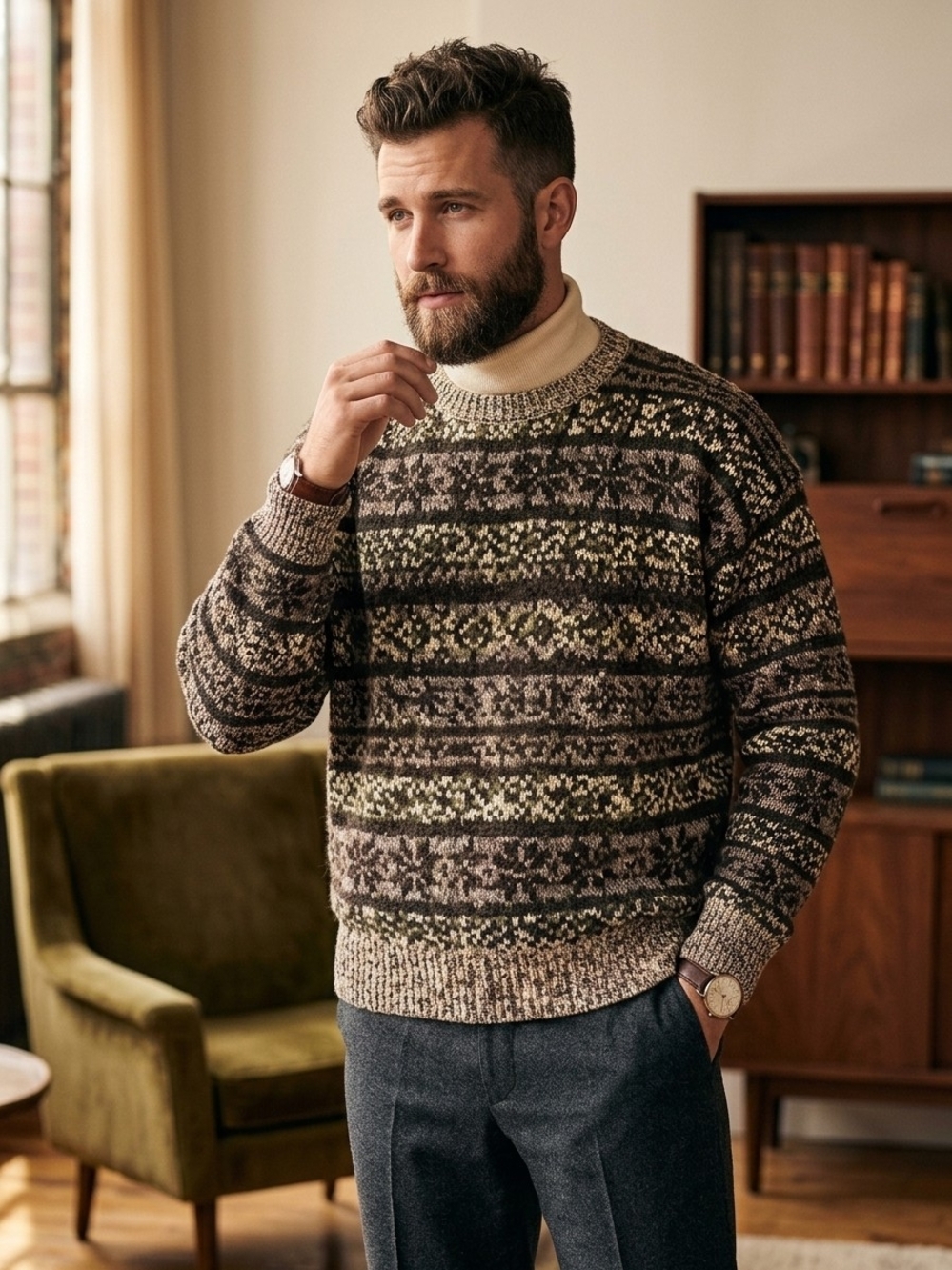 John Ashford Wool Blend Classic Fair Isle Crewneck Sweater - Brown/Cream
